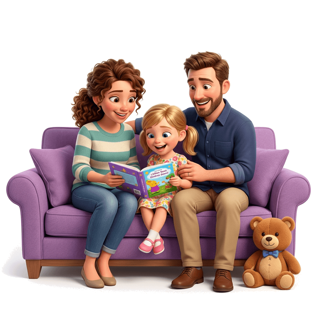 Family reading on sofa