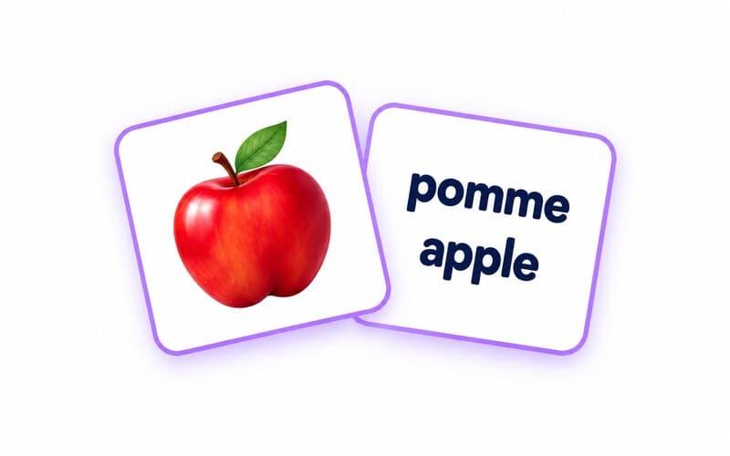 Vocabulary game cards showing an apple and the words pomme and apple